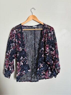 Sheer Floral Burnout Velvet kimono - Black with Pink Floral